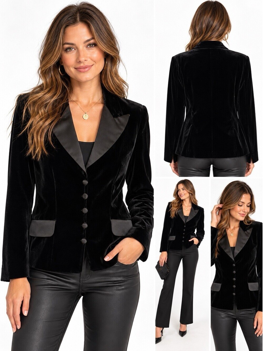 Jeanne Alexander Women L Black Velvet Tuxedo Blazer Satin Lapel Evening Jacket